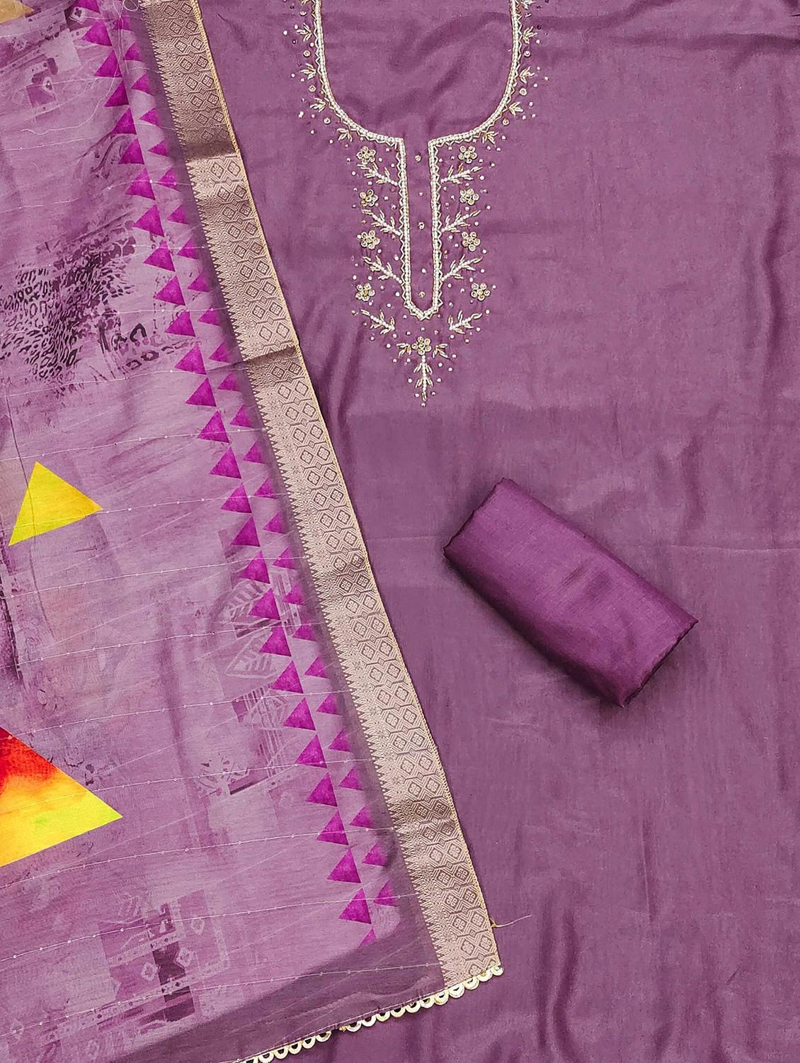 women solid with work embroidered unstitched suit set - 22020743 - Standard Image - 3