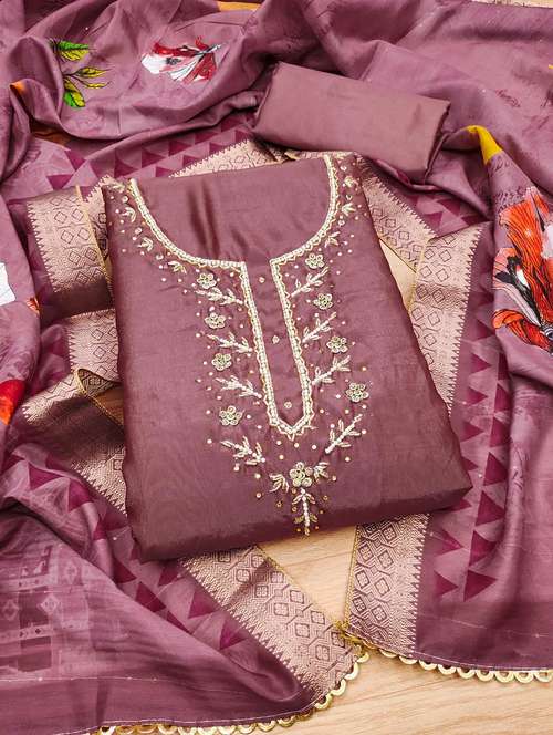 women solid with work embroidered unstitched suit set - 22020745 -  Standard Image - 0