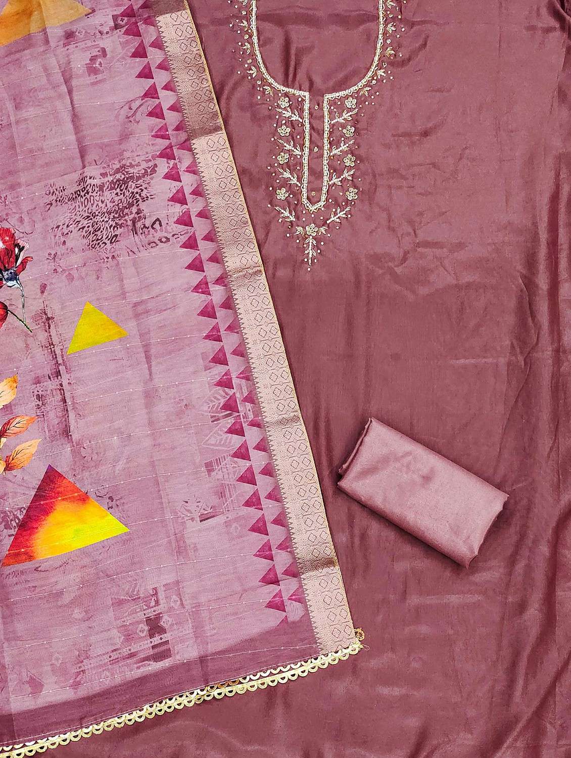 women solid with work embroidered unstitched suit set - 22020745 - Standard Image - 3
