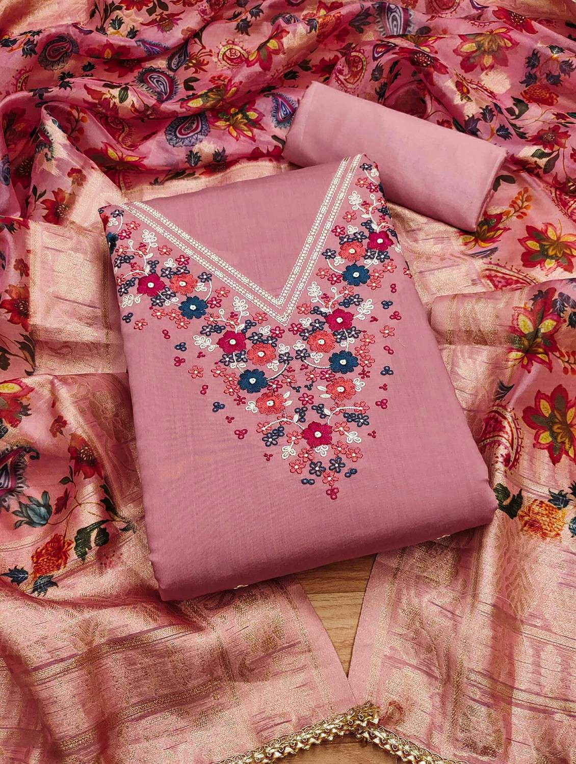 women solid with work embroidered unstitched suit set