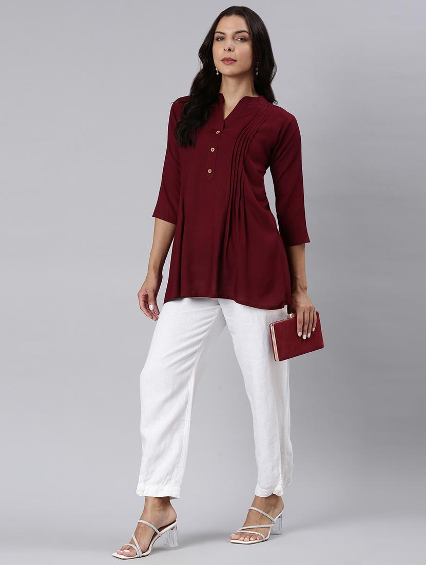 women solid three quarter sleeve a-line tunic - 22020899 - Standard Image - 5