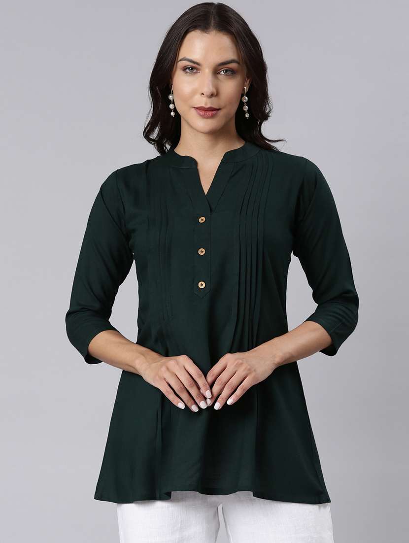 women solid three quarter sleeve a-line tunic