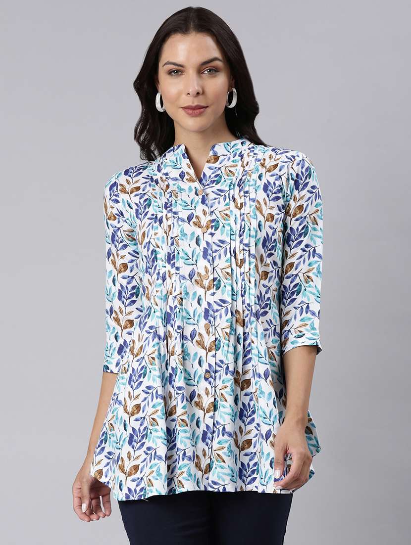 women printed mandarin collar a-line tunic - 22020903 -  Zoom Image - 0