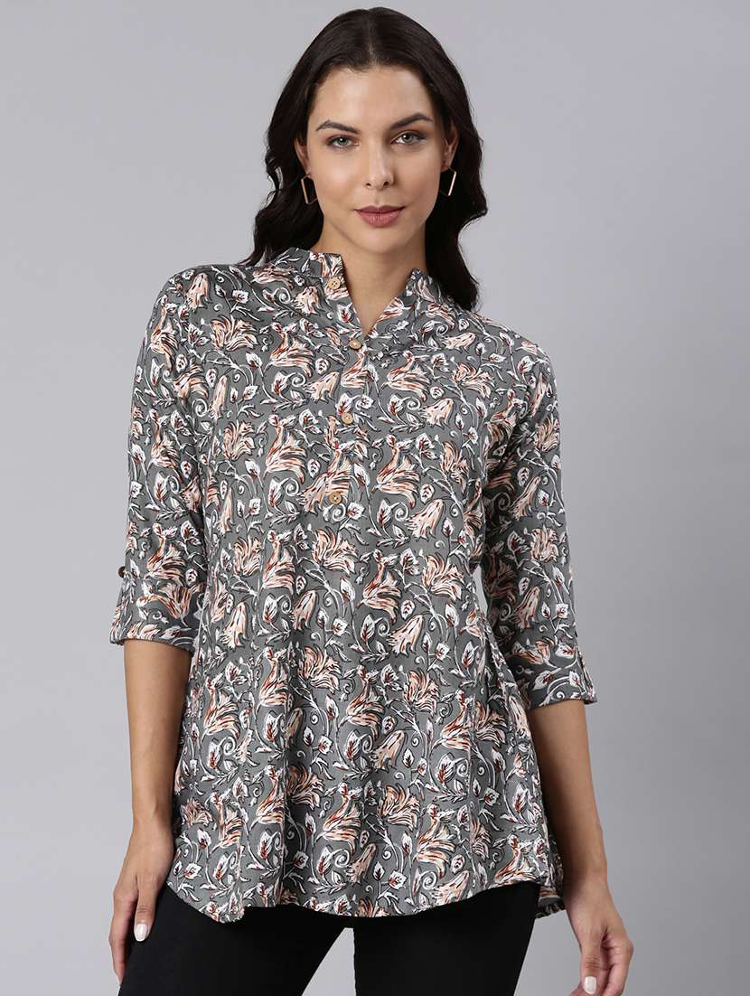 women printed mandarin collar half button down a-line tunic - 22020907 -  Zoom Image - 0
