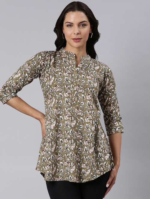 women printed mandarin collar half button down a-line tunic - 22020908 -  Standard Image - 0