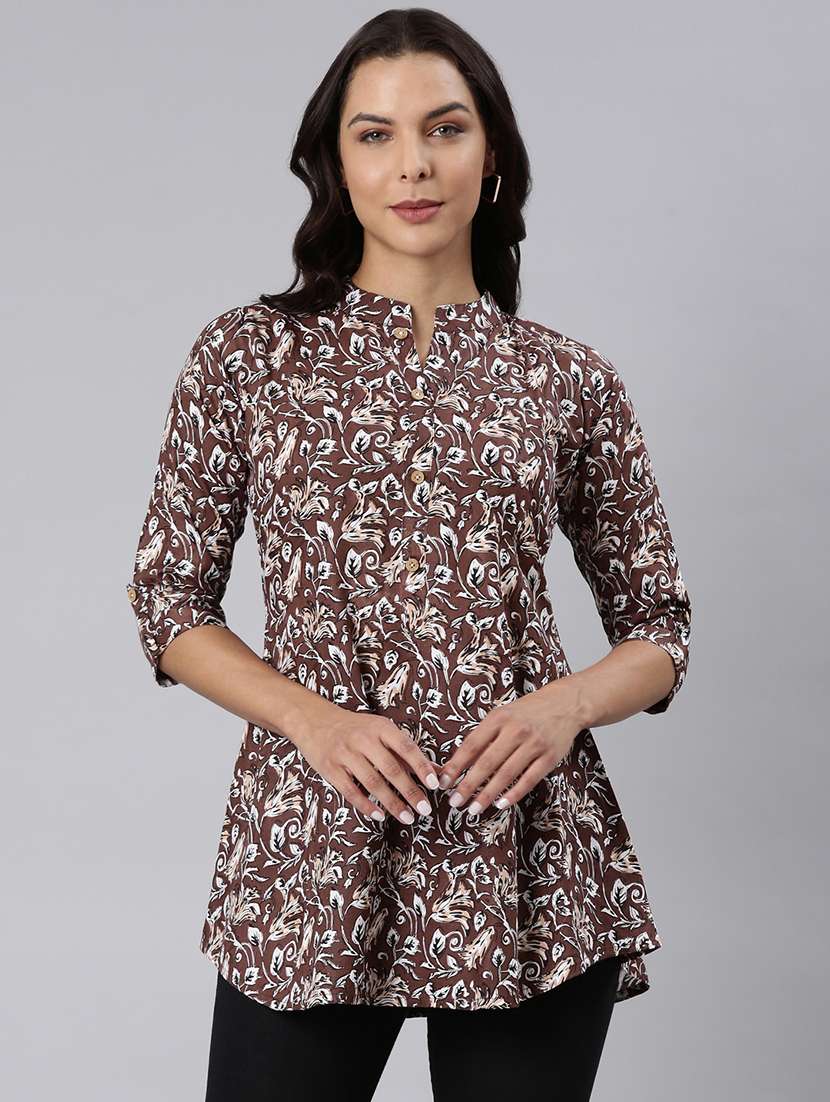 women printed mandarin collar half button down a-line tunic