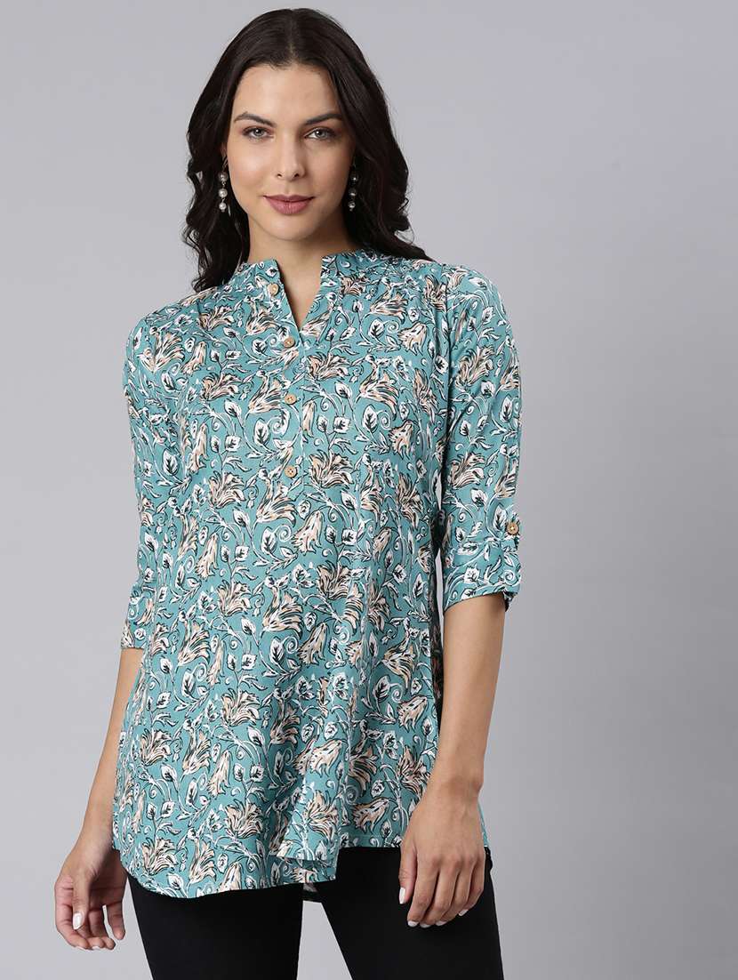 women printed mandarin collar half button down a-line tunic