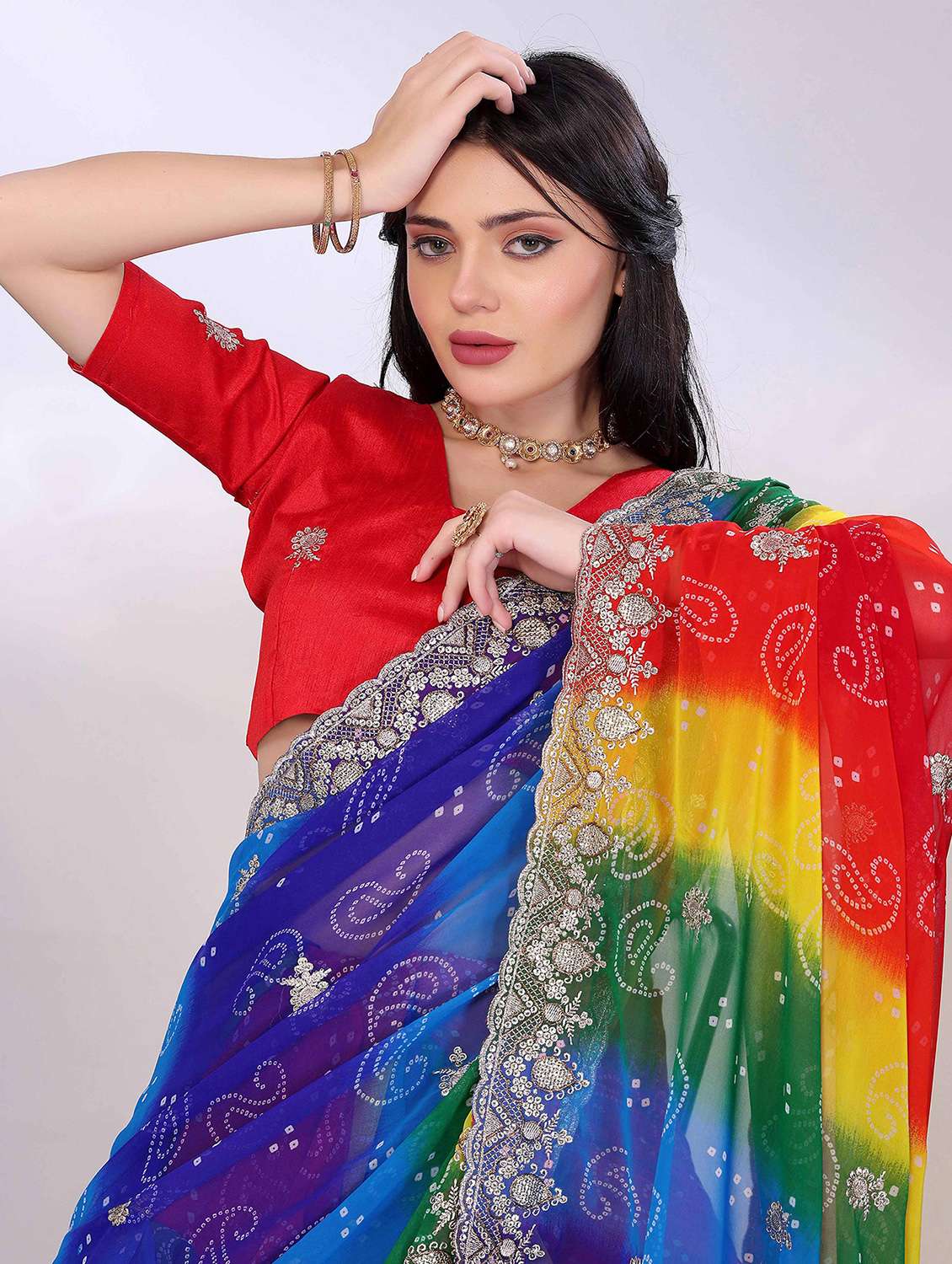 women bandhani printed saree with blouse - 22021298 - Standard Image - 3