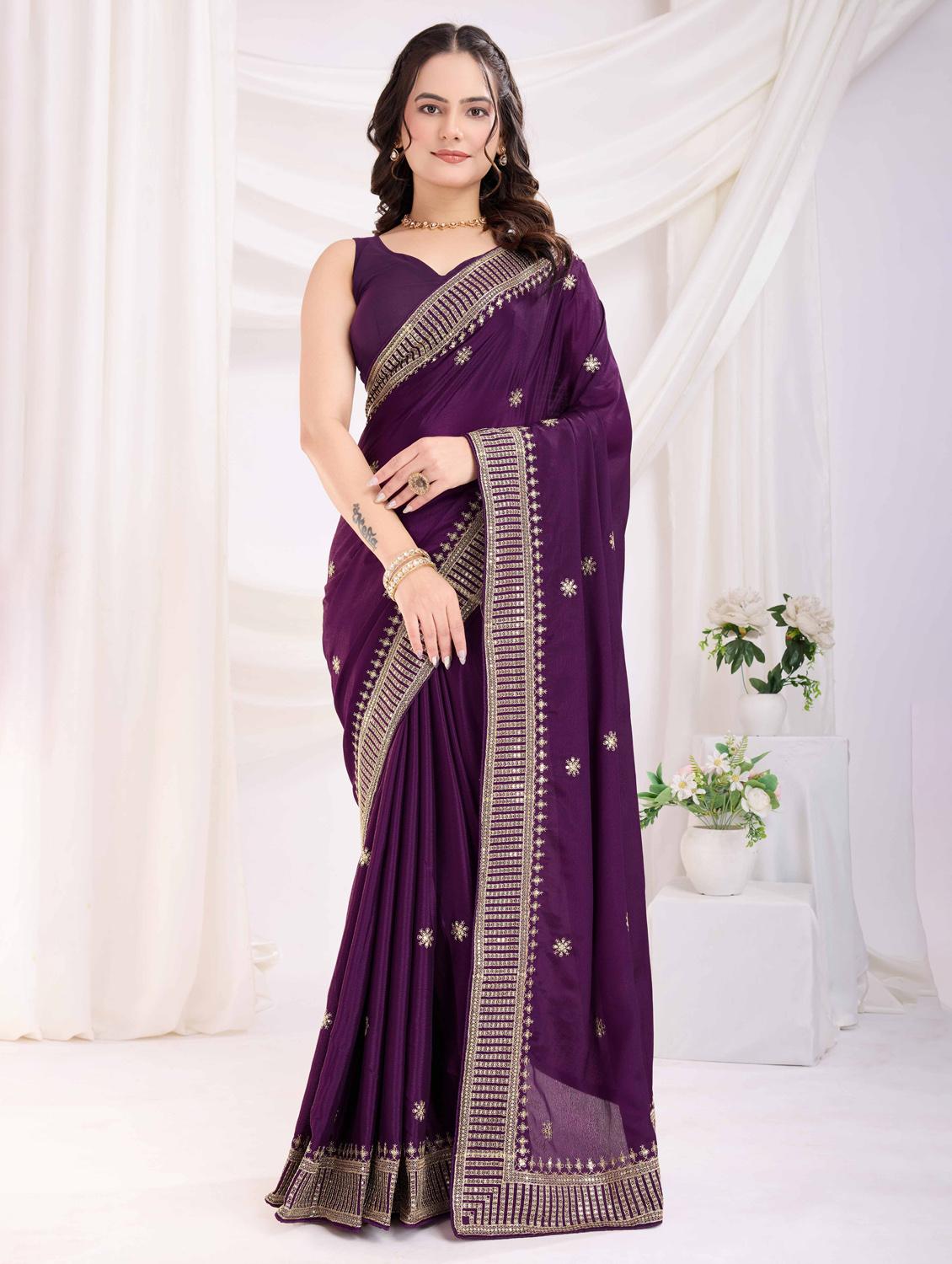 women solid with work bordered saree with blouse - 22021299 - Zoom Image - 0