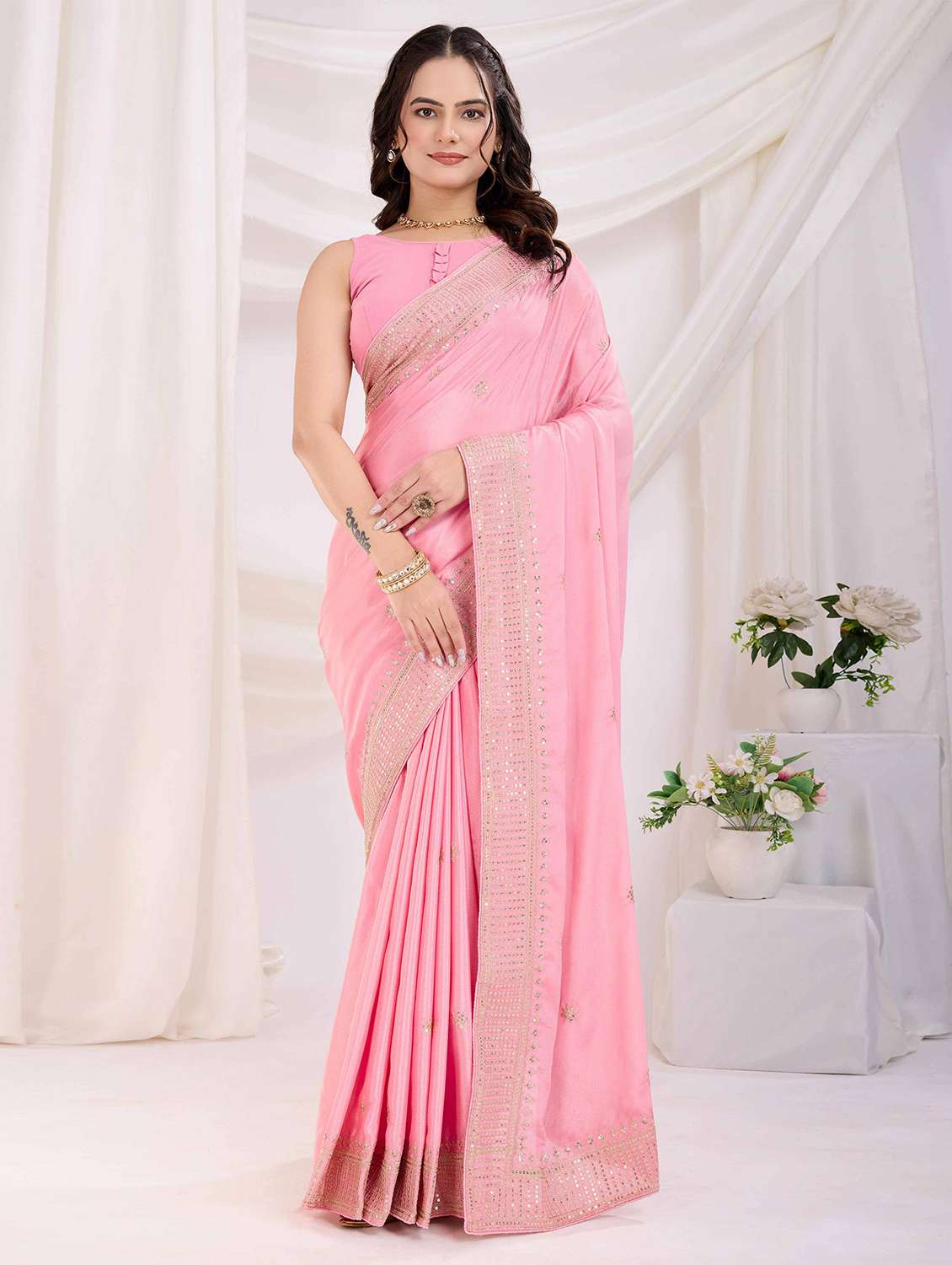 women solid with work embroidered saree with blouse