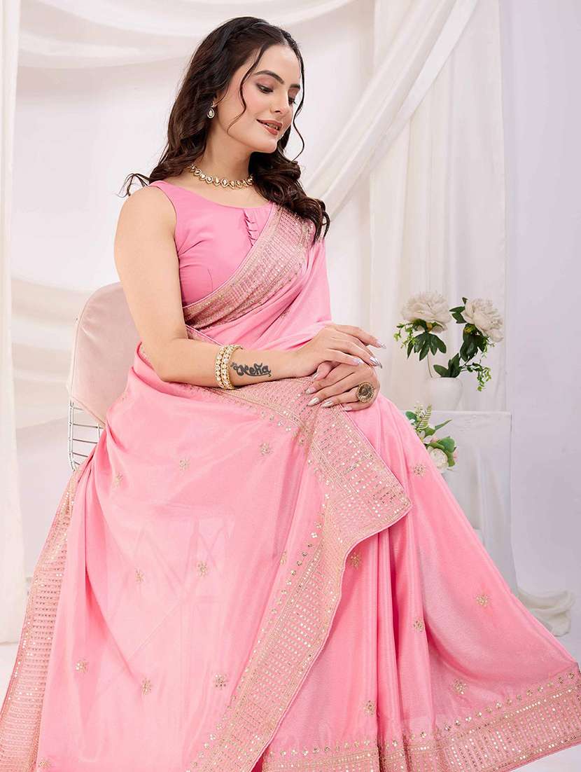 women solid with work embroidered saree with blouse - 22021300 -  Standard Image - 3