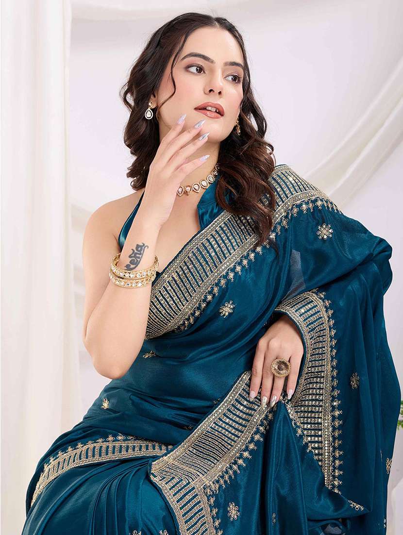 women solid with work embroidered saree with blouse - 22021302 -  Standard Image - 3