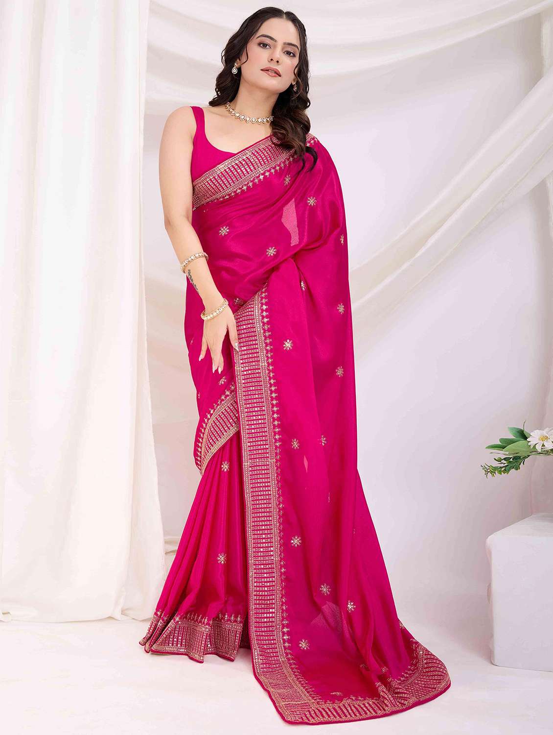 women solid with work embroidered saree with blouse - 22021303 - Zoom Image - 0