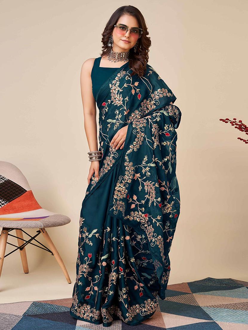 women solid with work embroidered saree with blouse - 22021317 -  Zoom Image - 0