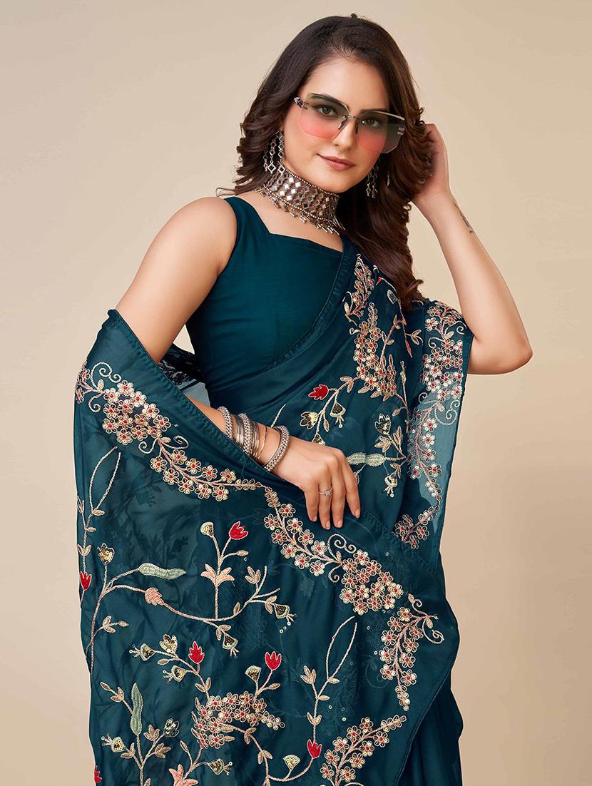 women solid with work embroidered saree with blouse - 22021317 - Standard Image - 3