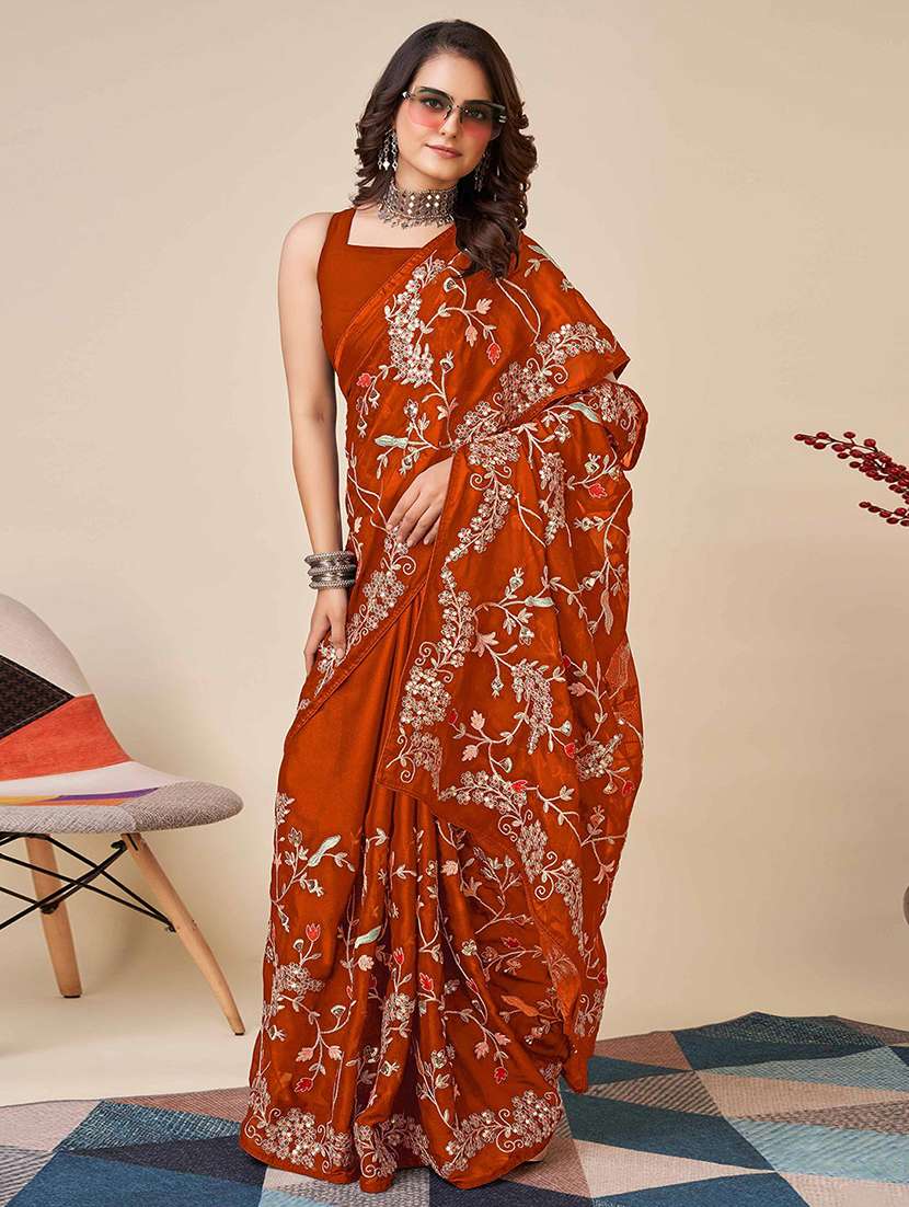 women solid with work embroidered saree with blouse