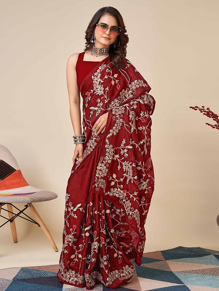 women solid with work embroidered saree with blouse