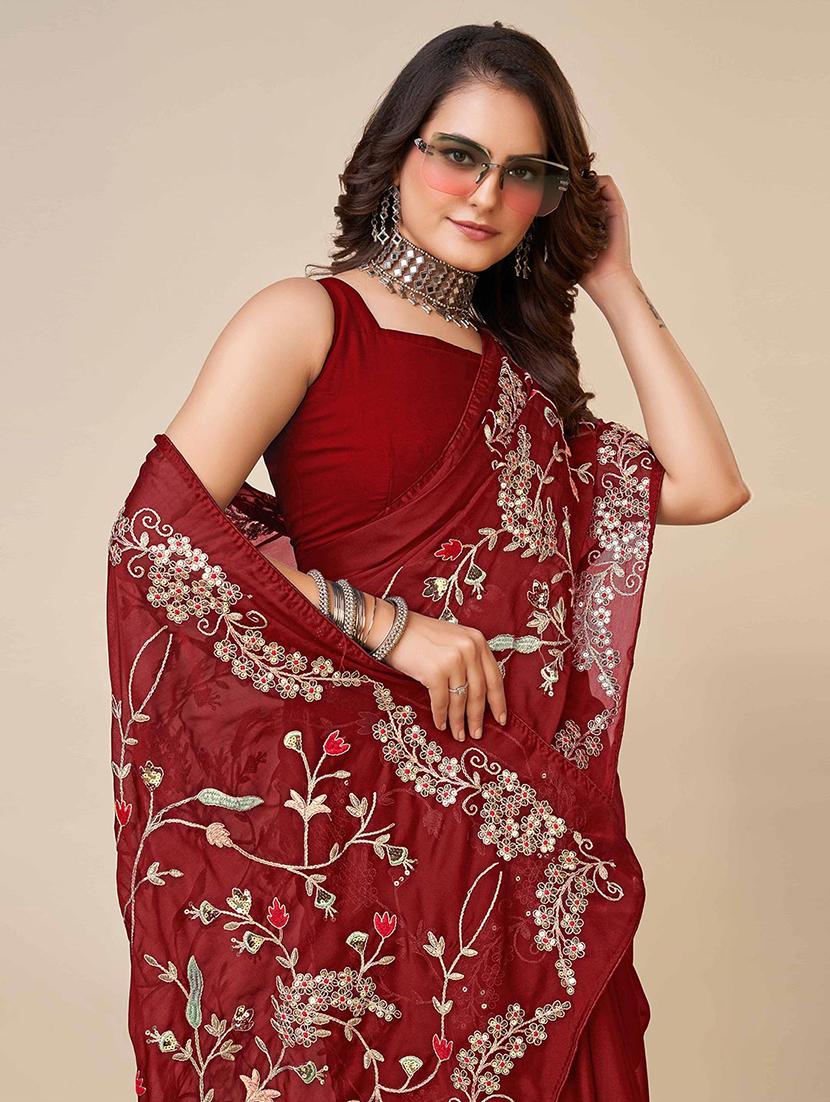 women solid with work embroidered saree with blouse - 22021320 - Standard Image - 3