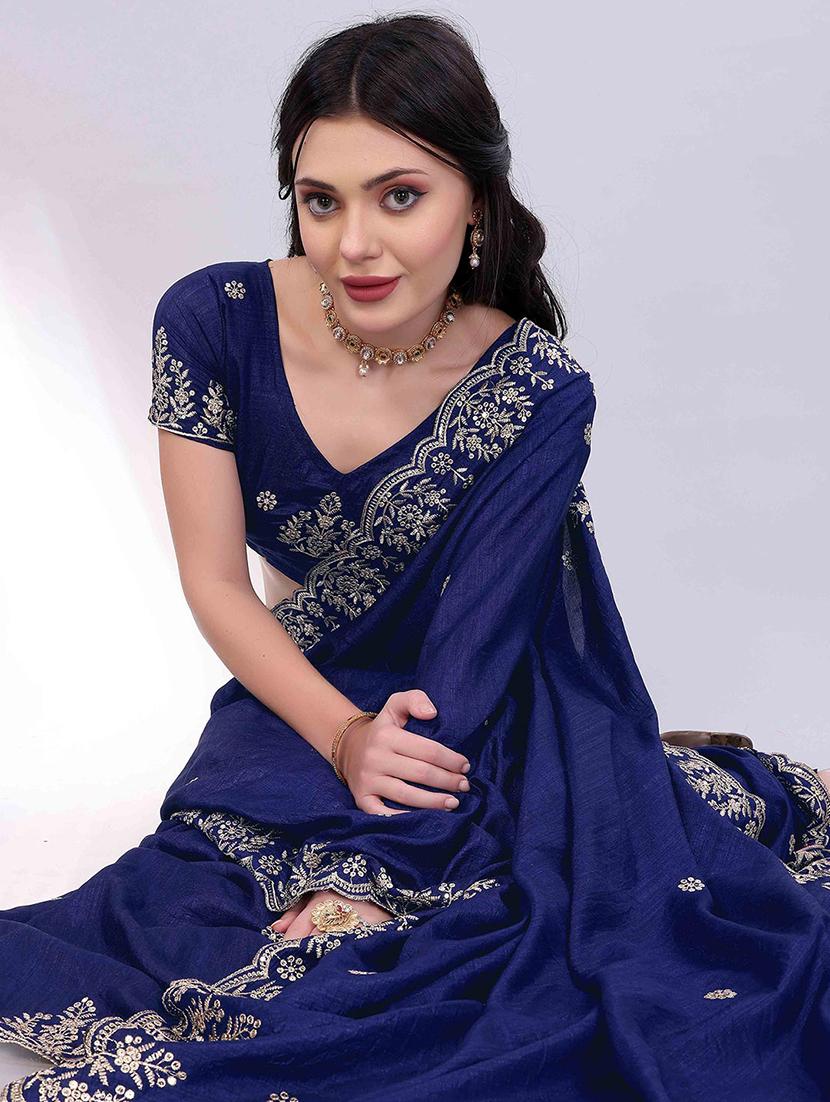 women solid with work embroidered saree with blouse - 22021321 - Standard Image - 3