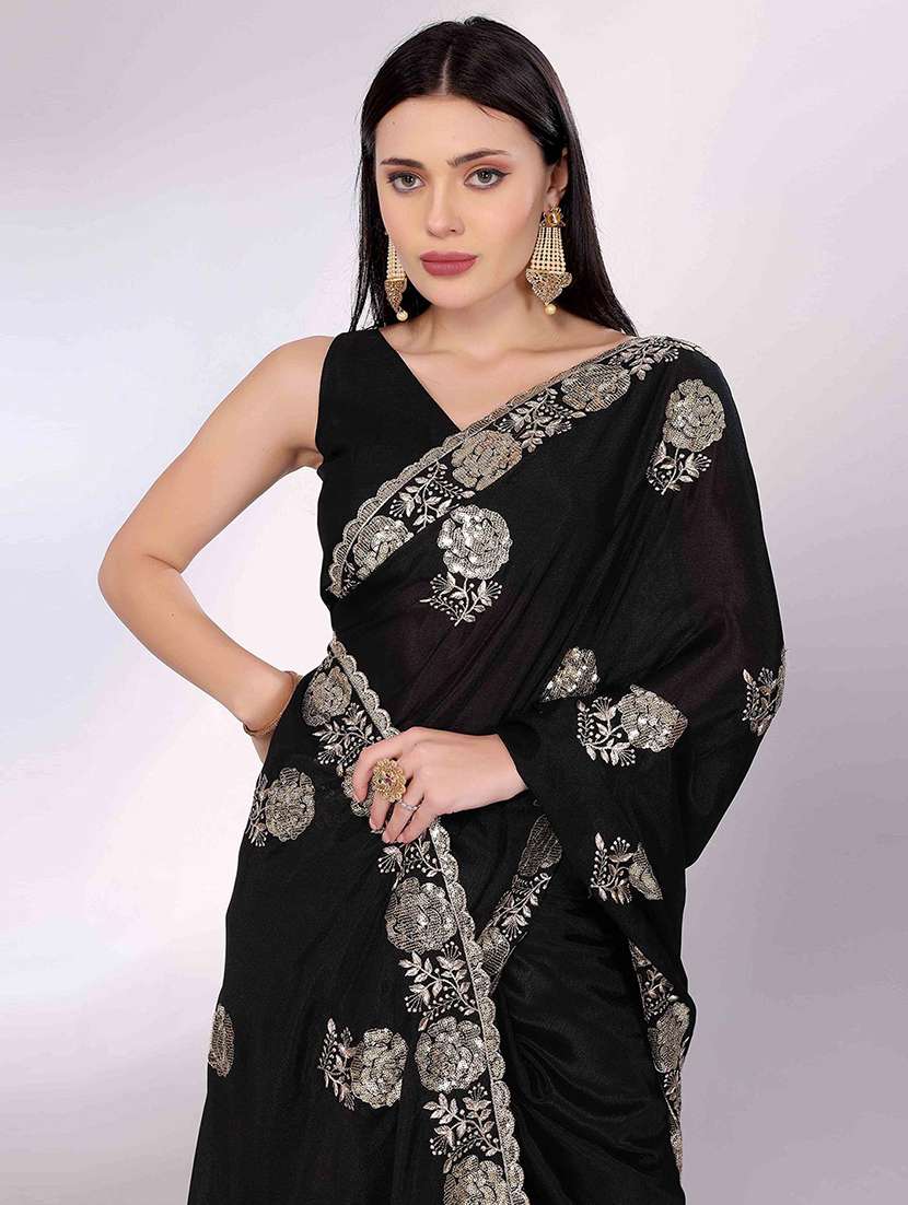 women black embroidered saree with blouse - 22021327 -  Standard Image - 3