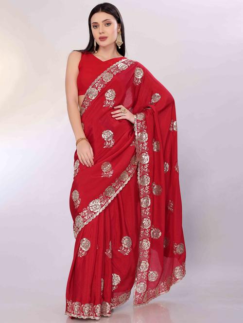 women red embroidered saree with blouse - 22021329 -  Standard Image - 0
