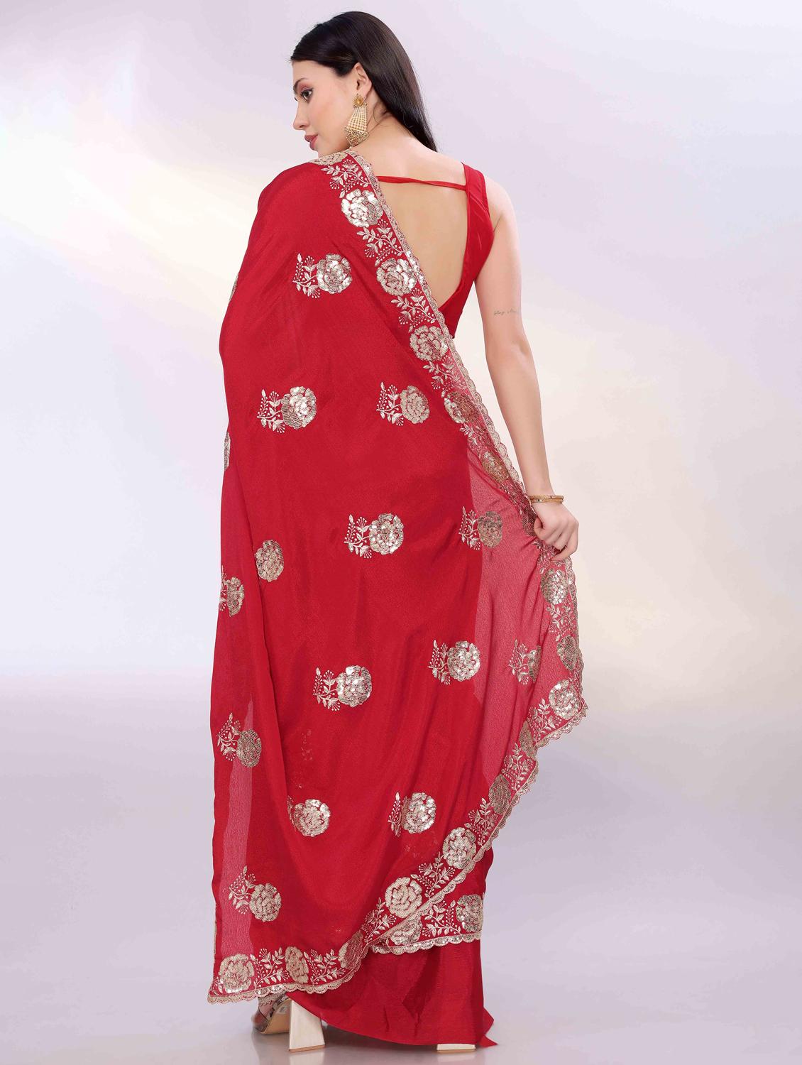 women red embroidered saree with blouse - 22021329 - Standard Image - 3