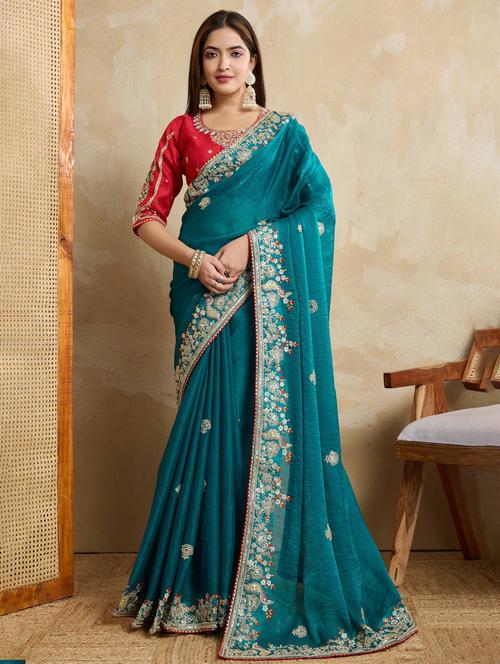 women solid with work embroidered saree with blouse - 22021331 - Standard Image - 0