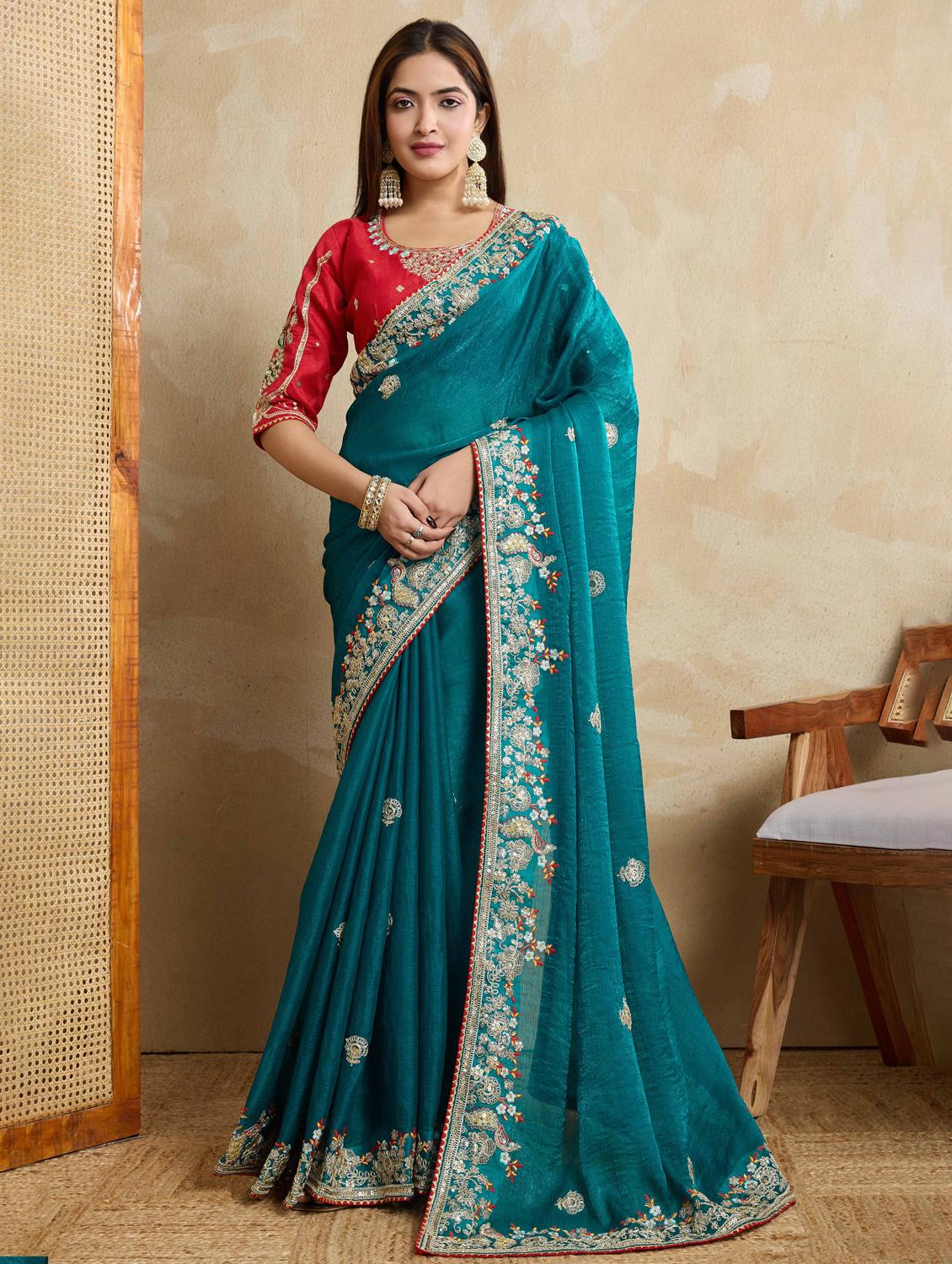 women solid with work embroidered saree with blouse - 22021331 - Zoom Image - 0