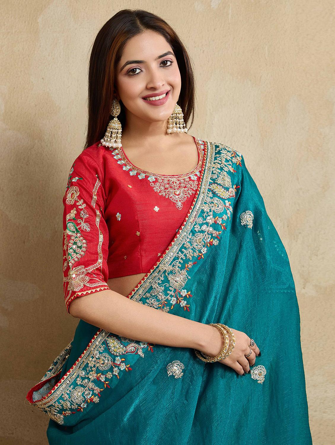 women solid with work embroidered saree with blouse - 22021331 - Standard Image - 3