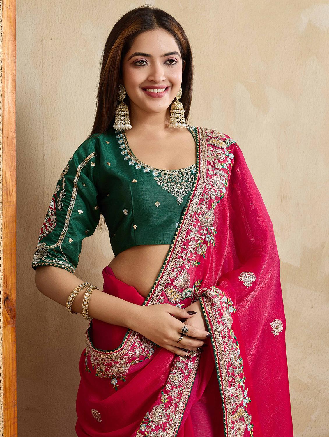 women solid with work embroidered saree with blouse - 22021332 - Standard Image - 3