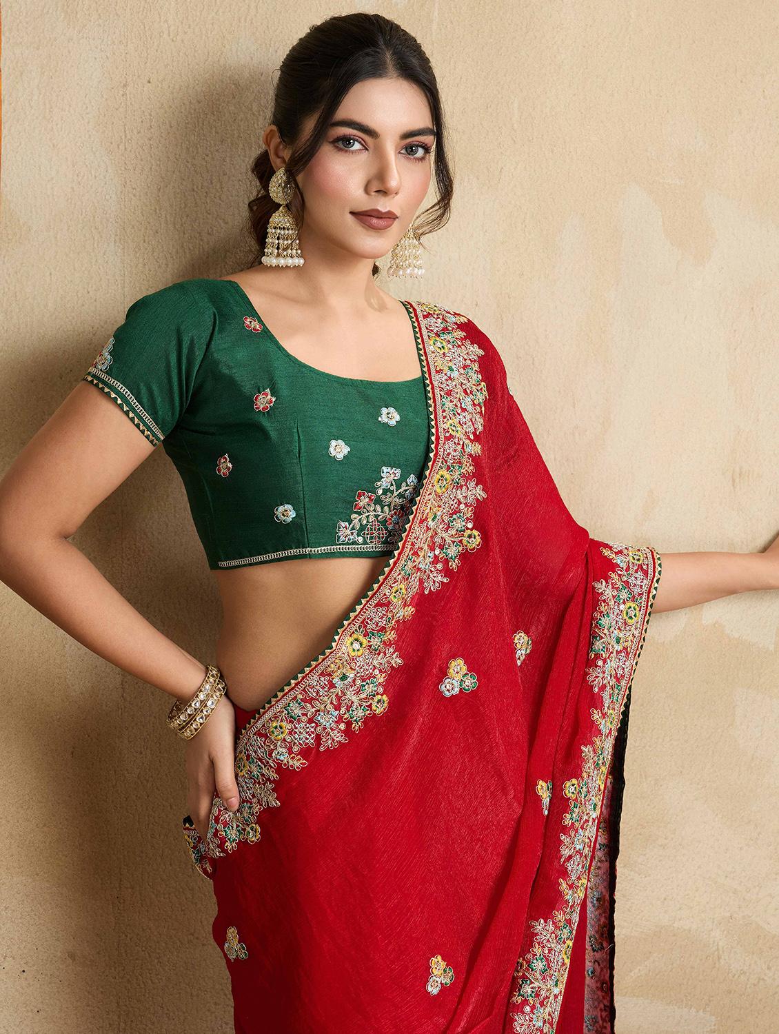 women solid with work embroidered saree with blouse - 22021333 - Standard Image - 3