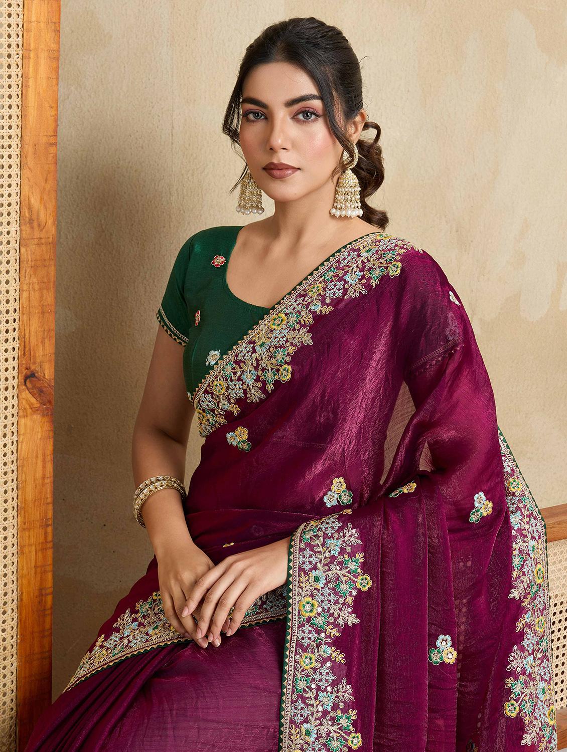 women solid with work embroidered saree with blouse - 22021335 - Standard Image - 3