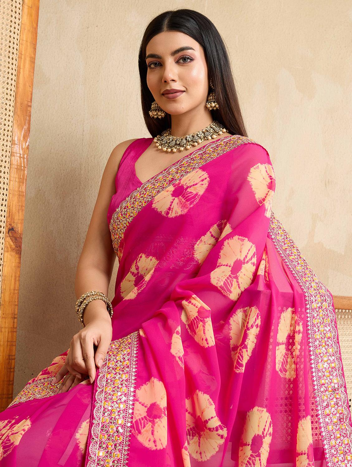 women tie & dye printed bordered saree with blouse - 22021336 - Standard Image - 3