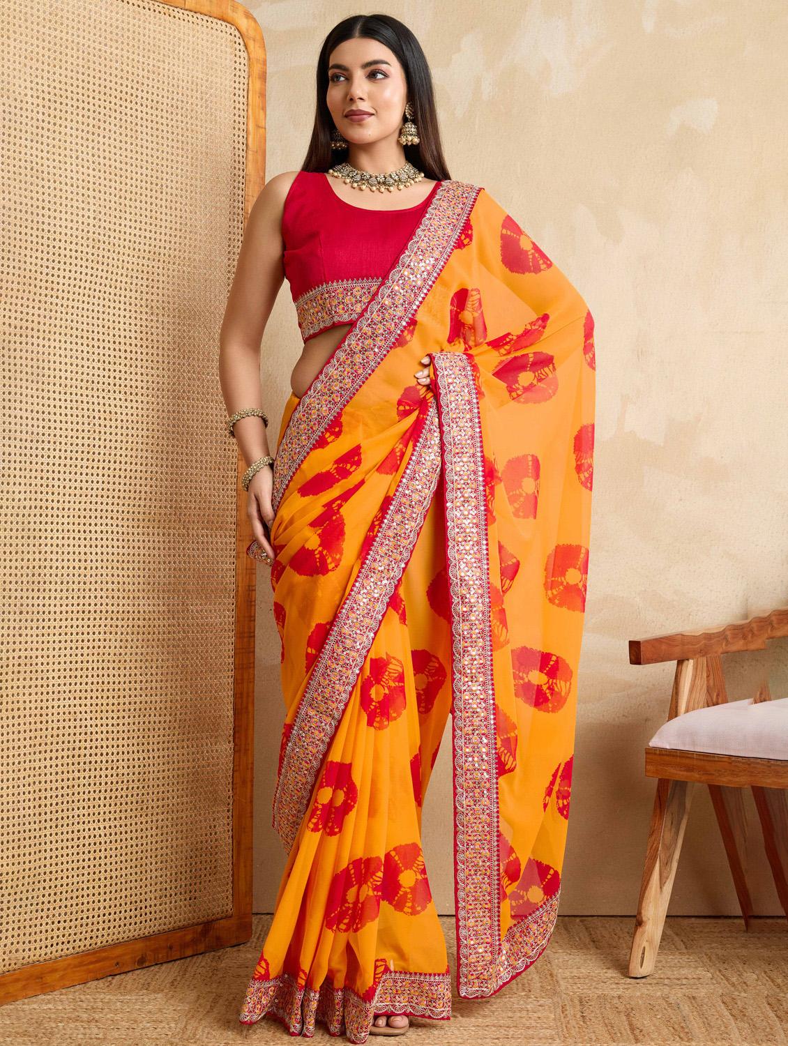 women tie & dye printed bordered saree with blouse