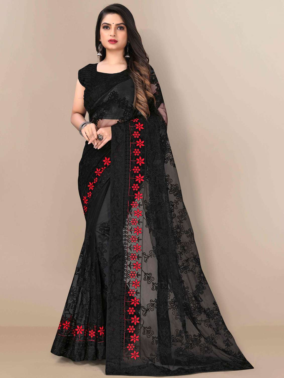 women solid with work embroidered saree with blouse