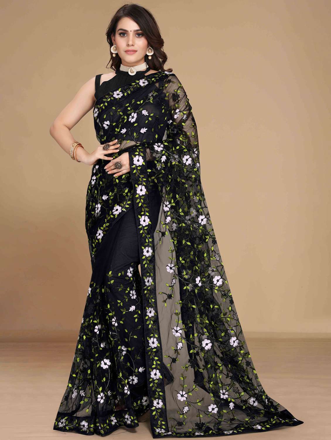 women floral embroidered saree with blouse