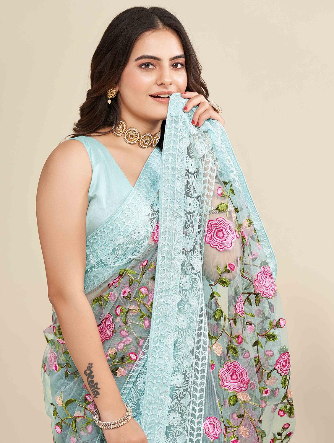 women floral embroidered saree with blouse - 22021359 - Standard Image - 3