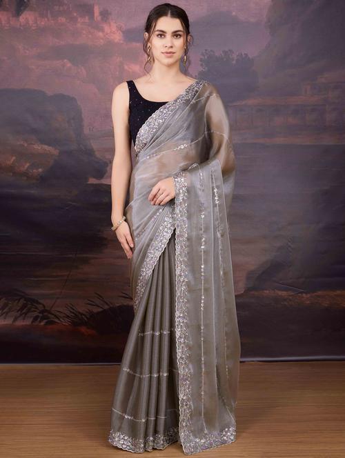 women solid with work embroidered saree with blouse - 22021372 - Standard Image - 0