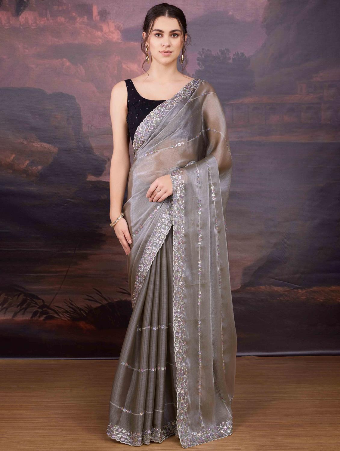 women solid with work embroidered saree with blouse - 22021372 - Zoom Image - 0