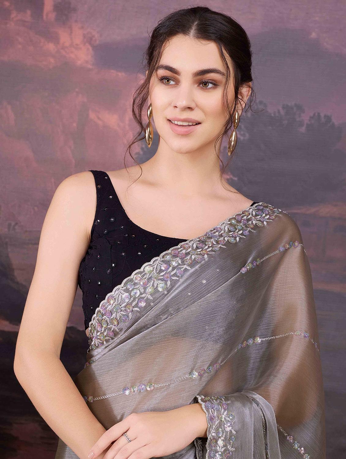 women solid with work embroidered saree with blouse - 22021372 - Standard Image - 3
