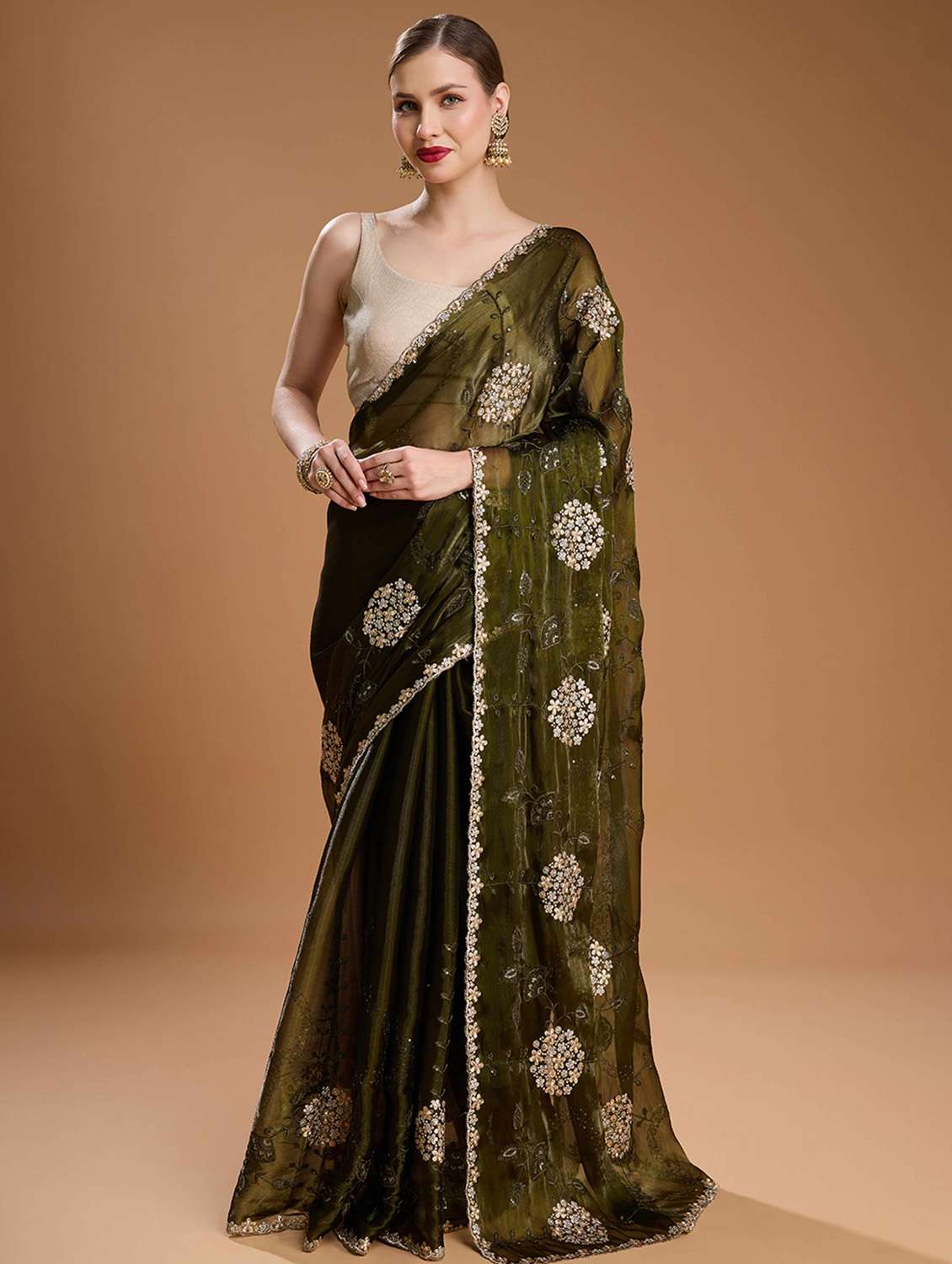 women solid with work embroidered saree with blouse - 22021379 -  Zoom Image - 0
