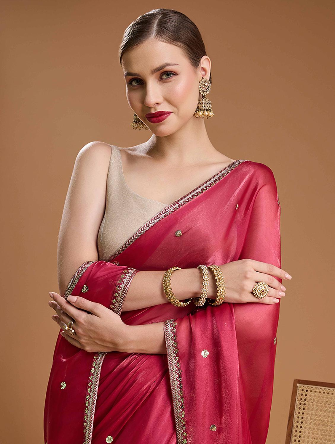 women solid with work embroidered saree with blouse - 22021381 - Standard Image - 3
