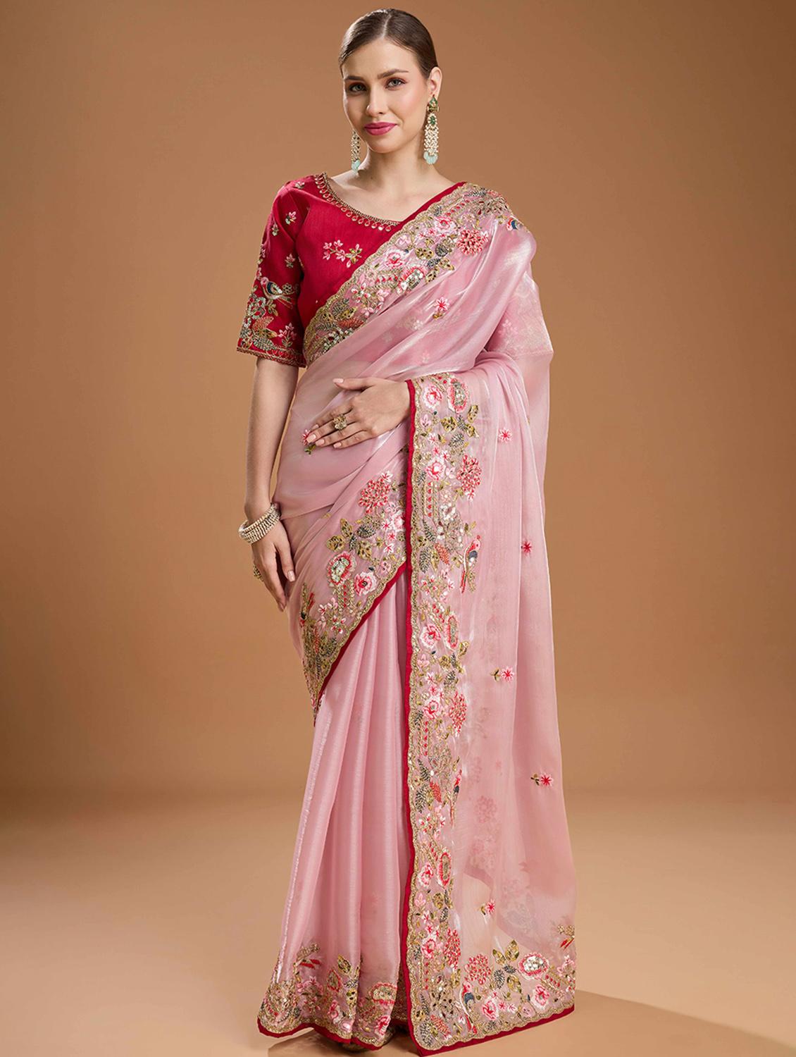 women solid with work embroidered saree with blouse - 22021383 - Zoom Image - 0
