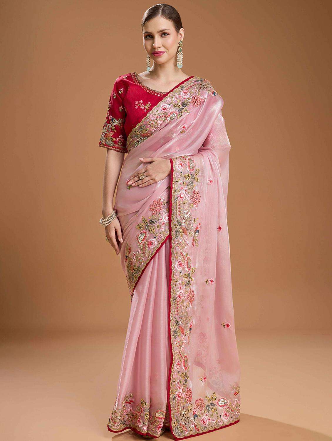 women solid with work embroidered saree with blouse