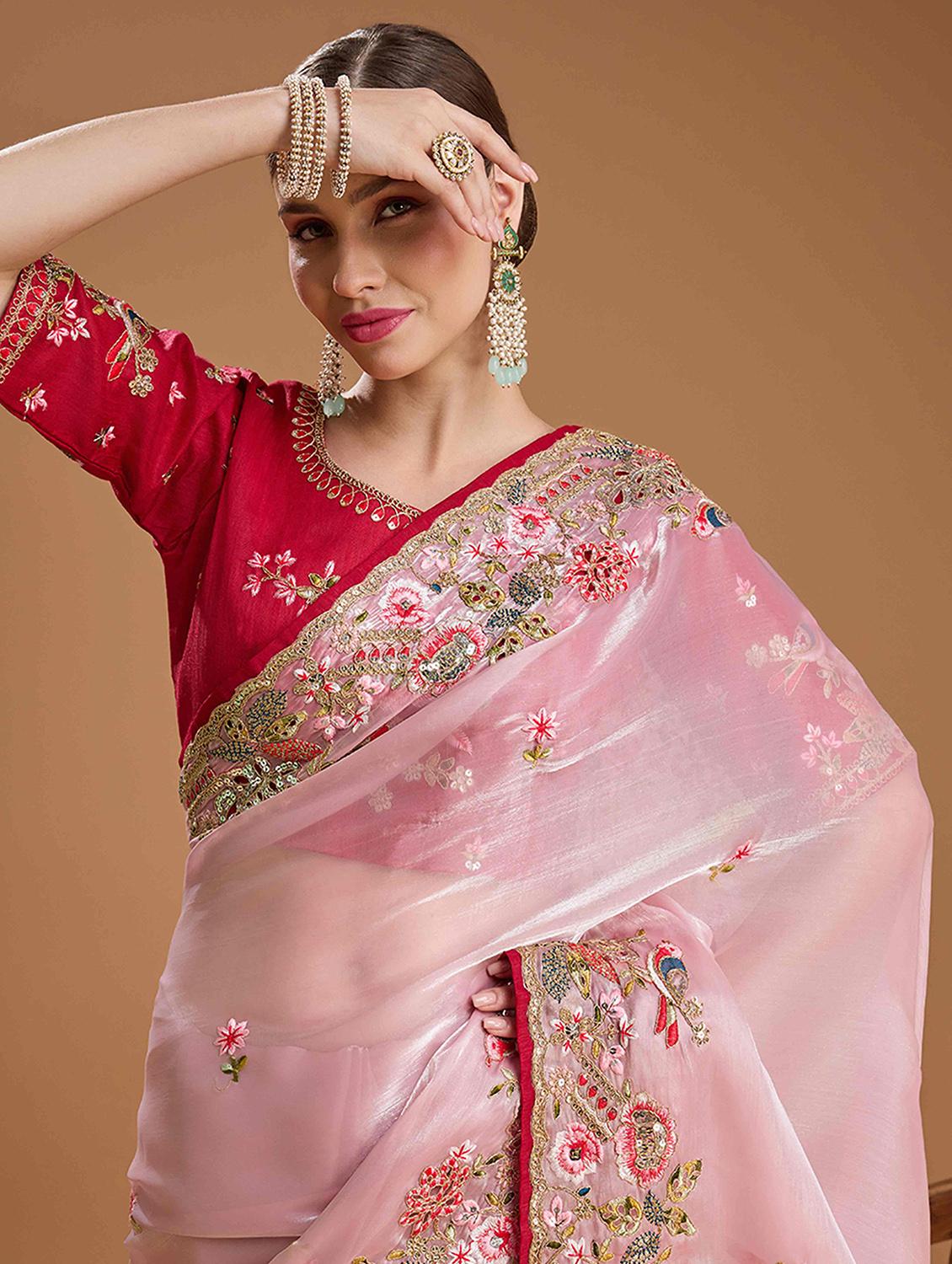 women solid with work embroidered saree with blouse - 22021383 - Standard Image - 3