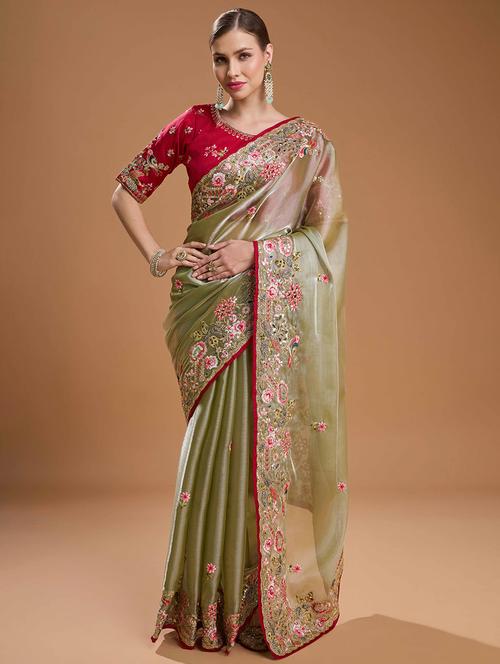 women solid with work embroidered saree with blouse - 22021384 - Standard Image - 0