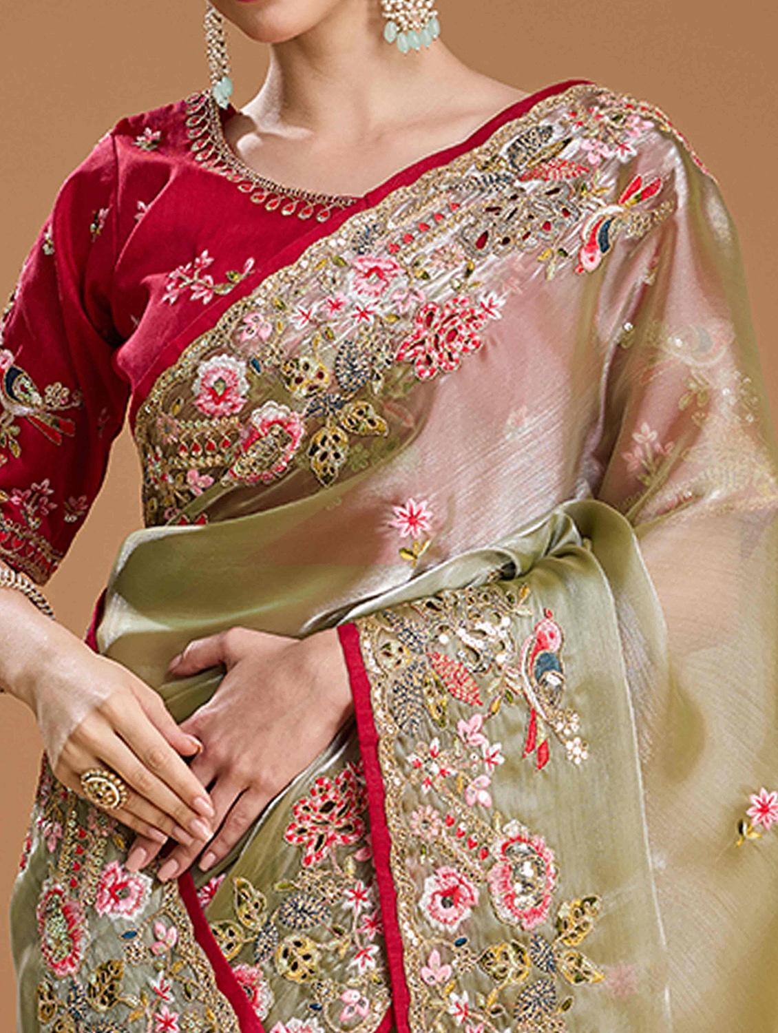 women solid with work embroidered saree with blouse - 22021384 - Standard Image - 3