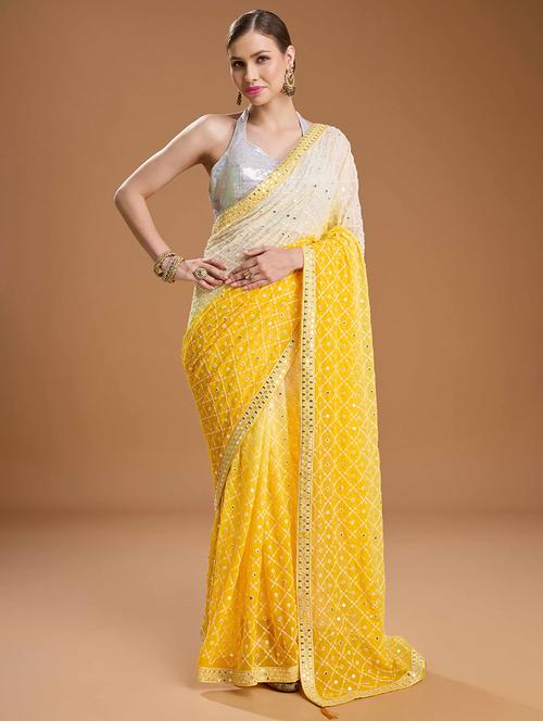 women yellow embroidered saree with blouse - 22021386 - Standard Image - 0