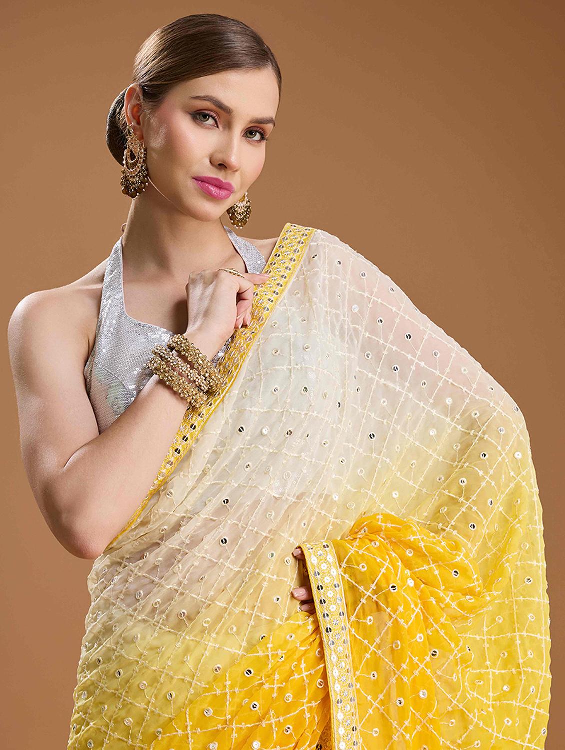 women yellow embroidered saree with blouse - 22021386 - Standard Image - 3