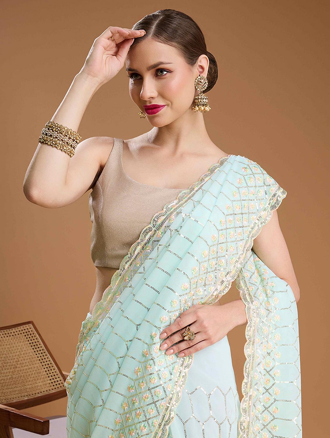 women solid with work embellished saree with blouse - 22021387 - Standard Image - 3
